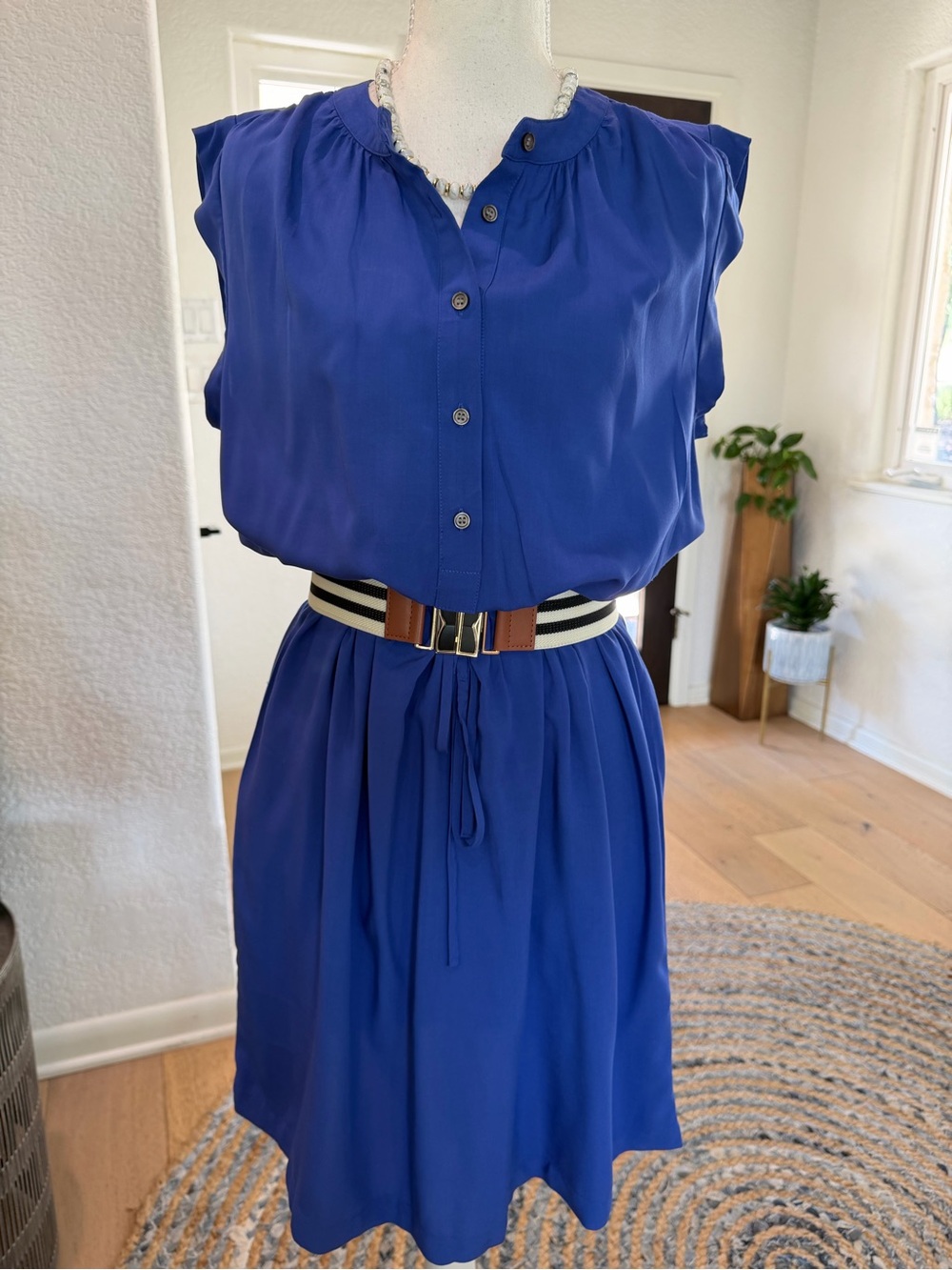 LOFT Cobalt Blue Button-Front Drawstring Midi Dress SZ Medium/6